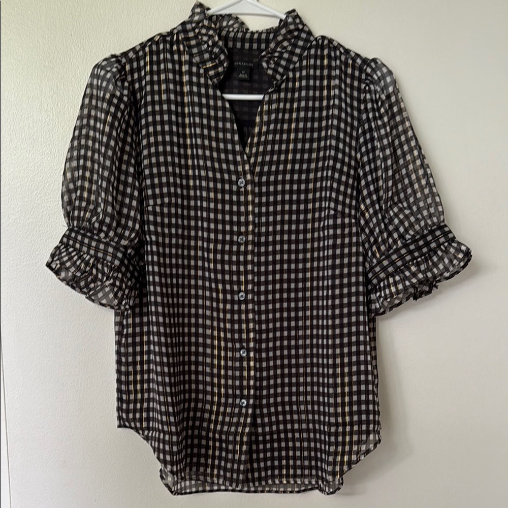 Ann Taylor Black and White Ruffled Notched Collar Blouse